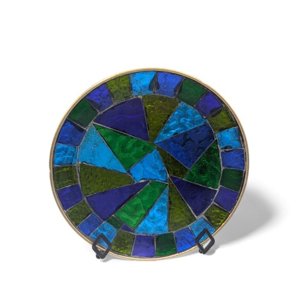 Vtg MCM SIGNED Jon Matin 12" Round Stained Foil Glass Tray/Platter Plate 1950's - Picture 8 of 12